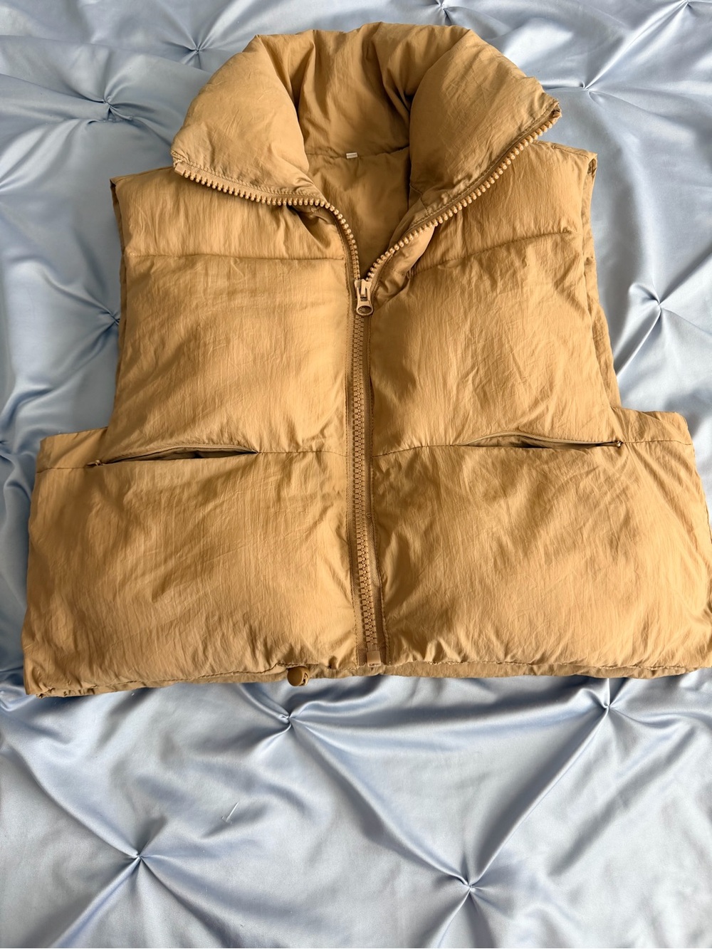 Women's Tan Quilted Puffer Vest with High Collar
